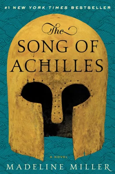 The song of achillies book cover. Blue background with a gold helmet.