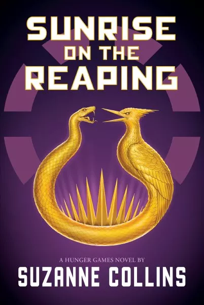 Sunrise on the reaping book cover. Purple background and a gold snake with a gold bird connected to the other end.