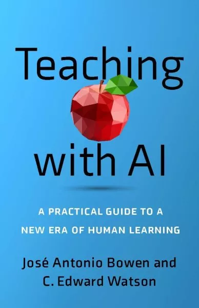 Teaching with AI book cover. Blue background with a blocky apple.