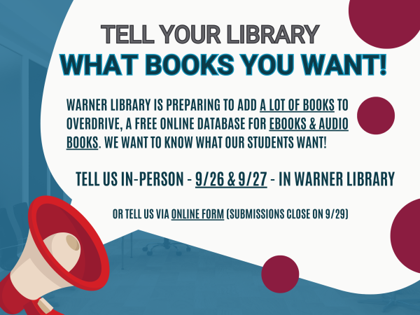 Warner library is preparing to add a lot of books to overdrive, a free online database for ebooks & audio books. we want to know what our students want! tell us in-person - 9/26 & 9/27 - in warner library or via online form